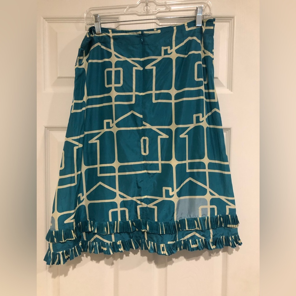 Orla Kiely 100% silk teal house print skirt